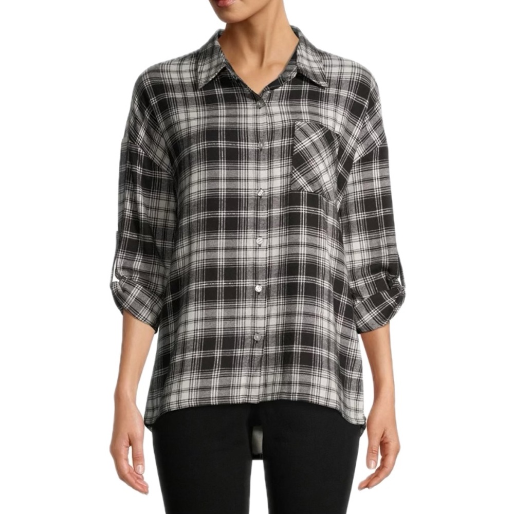NEW Black White Long Sleeve Plaid Cotton Fall Winter Flannel Faux Sherpa Top XL